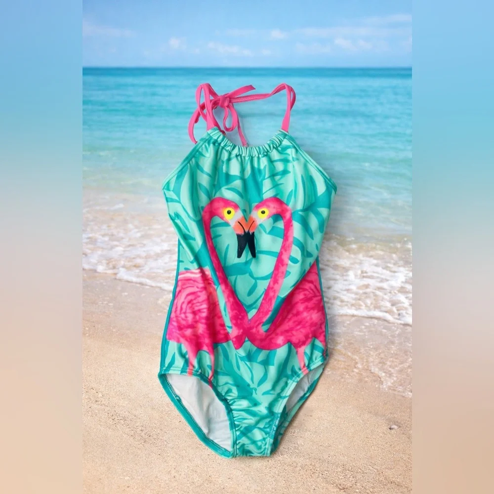 Cat & Jack Flamingo One Piece Swimsuit Girls Size 6 6X Tropical Pink Blue Beach